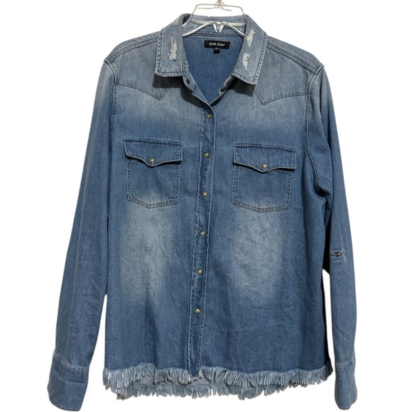 Dear John Tops - Dear John Denim Western Chambray Denim Distressed Shirt Blue Size Large